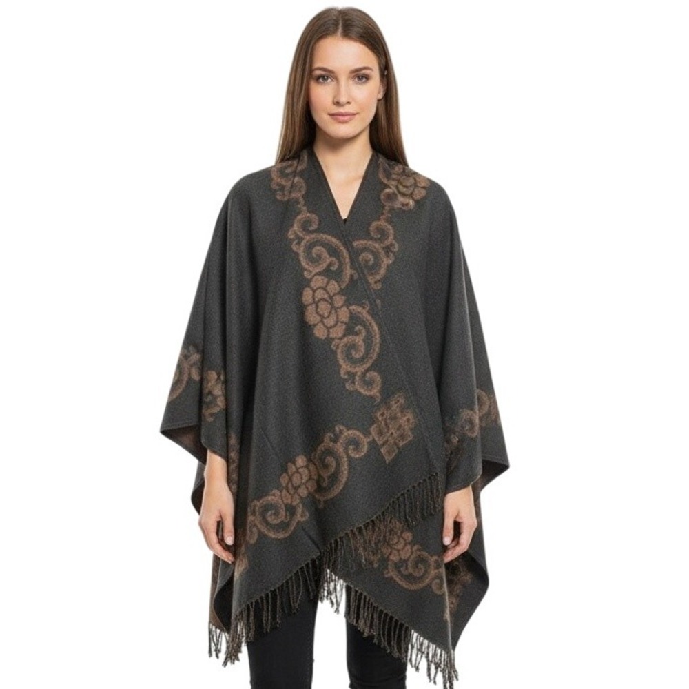 Bellissima Poncho One Size Brown Black Fringed‎ Hem Bohemian Cozy Layering New